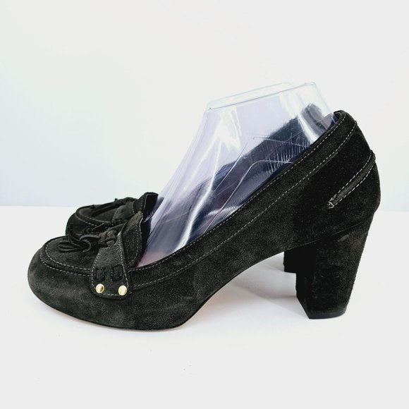 Nara Shoes Tasseled Penny Loafer Pumps 8.5 Dark Green Block Heel Leather Preppy - Picture 8 of 14